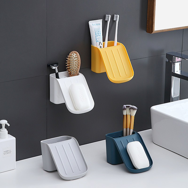 Wall-mounted soap box creative punch-free drain soap box makeup room put toothbrush rack dual-use soap rack