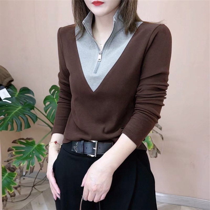 Spring and Autumn Women's New Fashion Double-Sided Velvet Long-Sleeve Zip-Up Stylish Stand-Collar Color-Block Slim-Fit Top Base Shirt Spring and Autumn Women's New Fashion Double-Sided Velvet Long-Sleeve Zip-Up Stylish Stand-Collar Color-Block Slim-Fit Top Base Shirt