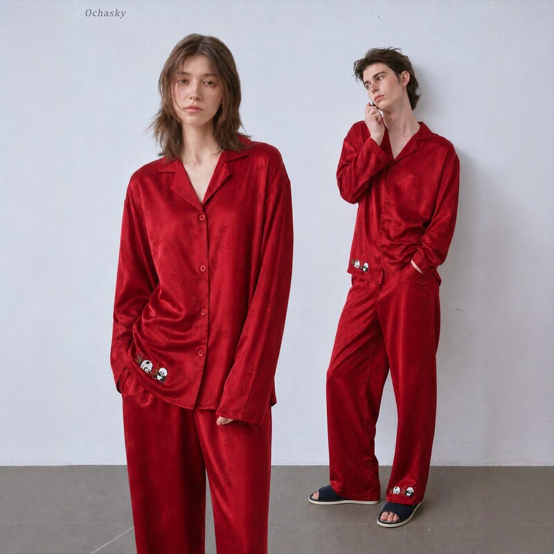 French Silk Red Pajamas for Women 2026 New Autumn Wedding High-End Printed Couple's Loungewear Set