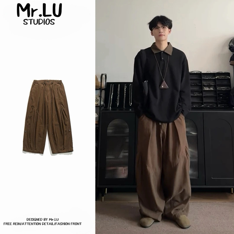 Japanese Retro Coffee-Colored Casual Pants Unisex College Style Workwear Wide-Leg Pants Spring and Autumn Versatile Pleated Straight Pants