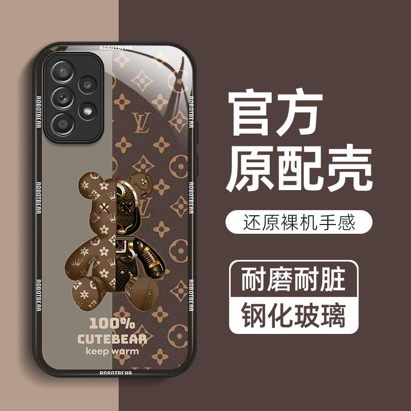 Suitable for Samsung A52 Cartoon Mechanical Bear Tempered Glass Phone Case Sm-A5260 High-End Full-Edge Protective Cover Samsung Galaxy A52 Trendy Unisex Anti-Drop Hard Shell Case