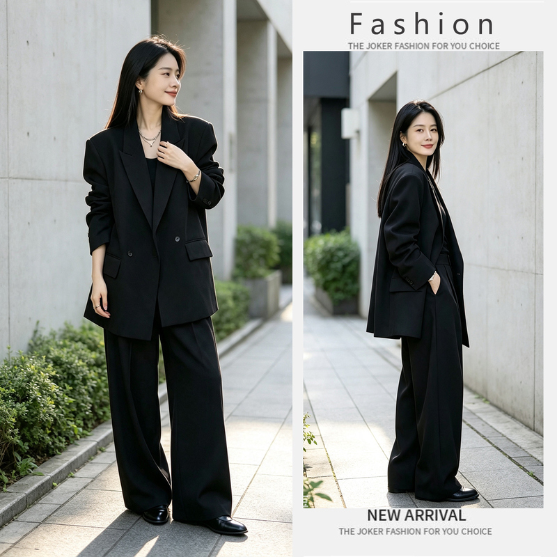 Professional Office Outfit for Women: Autumn Casual Black Blazer, Slimming and Figure-Flattering High-Waisted Wide-Leg Pants, Trendy Professional Office Outfit for Women: Autumn Casual Black Blazer, Slimming and Figure-Flattering High-Waisted Wide-Leg Pants, Trendy