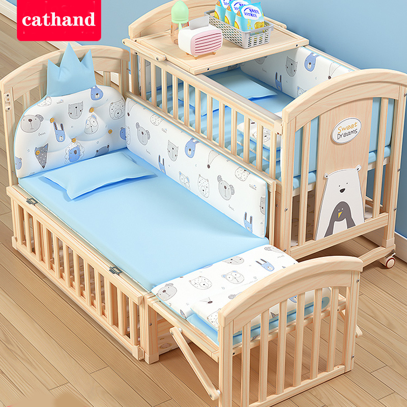 Crib solid wood newborn baby bb cradle multi-functional paint-free movable adjustable children's splicing large bed