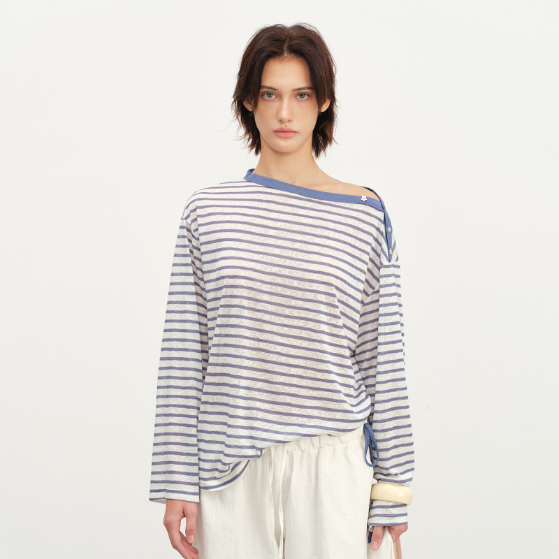 Howwell2026Ss Is of Course the Same Style as the Sea Salt Fresh Striped Irregular Shell Button Design Off-Shoulder Knit T-Shirt