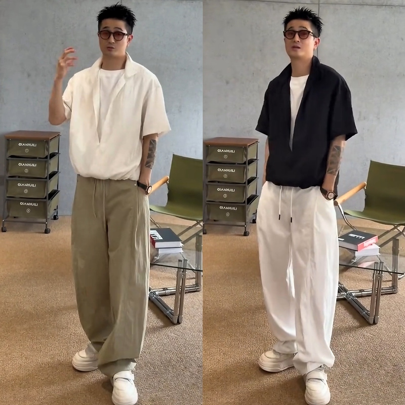 2026 Summer High-End Casual Sports Suit for Men, Light Luxury Breathable Faux Two-Piece V-Neck Short-Sleeve Long Pants Two-Piece Set