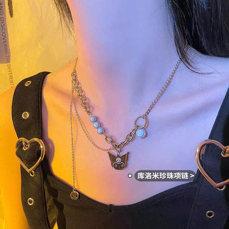 Kulomi pearl necklace female tide cool hot girl stitching reflective personality clavicle chain Harajuku skull pendant neck refining
