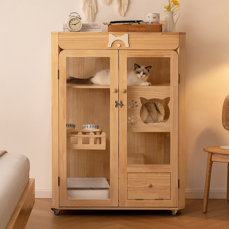 Cat Villa Solid Wood Cat Cage does not occupy panoramic cat house cat house home sturdy cat cat cabinet double deck with toilet