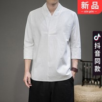 Momo mens summer short-sleeved Mo Chinese cotton and hemp half-sleeved mens V-collar seven-point sleeve Tang suit Zhi Tao T154
