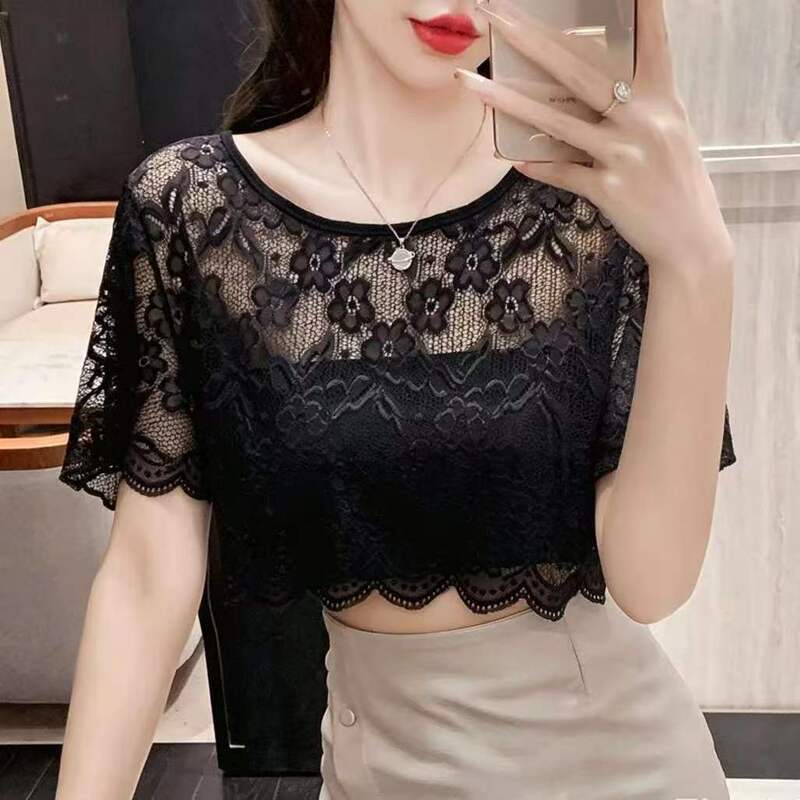 Arm-Covering, Versatile, Thin, See-Through Mesh T-Shirt, Round Neck, Half-Length, Short Lace Hollow-Out Short-Sleeved Undershirt