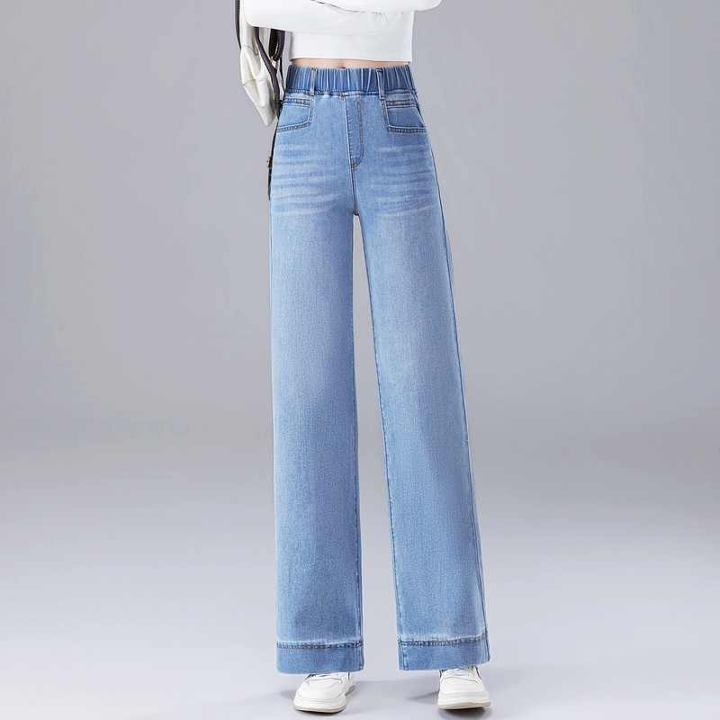 Elastic Waist Straight-Leg Jeans for Women, Light Blue, New Spring/Summer Style, High-Waisted, Loose Fit, Petite Size, Cropped Narrow Wide-Leg Pants
