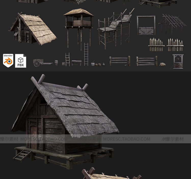 图片[3]-C4D/blender中世纪乡村风房屋茅草房子建筑3d模型带材质贴图MX397-cg男孩