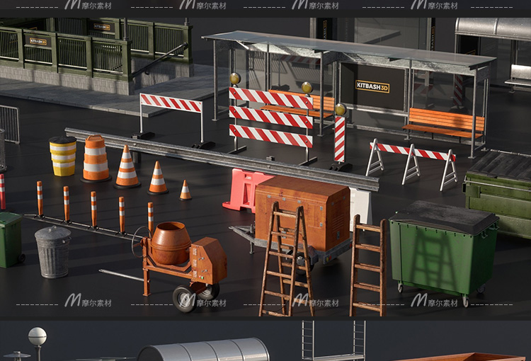 图片[5]-C4D交通道路设施设备路牌警示栏杆灯长椅路障公交站台3d模型MX115-cg男孩