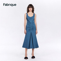 Fabrique tight with irregular laminated pleated fish tail swinging denim dress