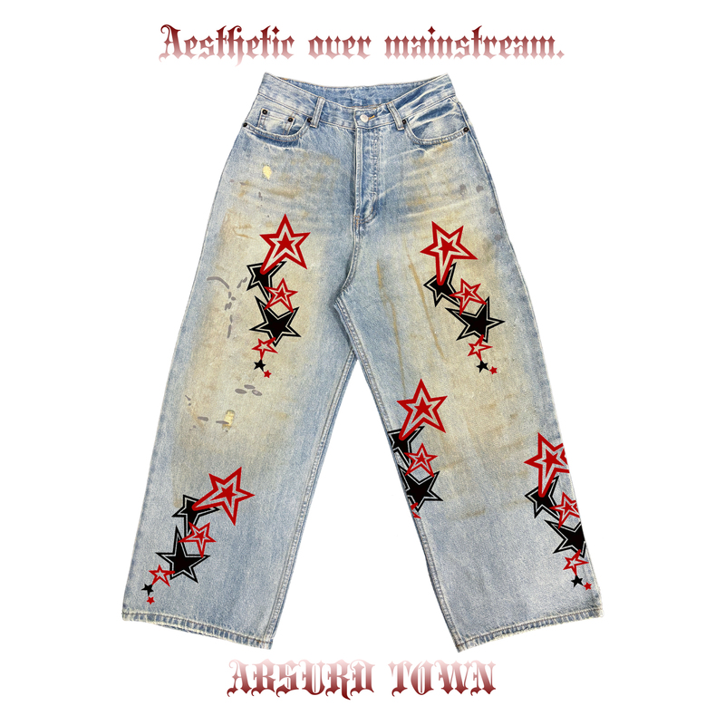 Absurd Town Black and Red Star Punk Punk Rock Heavy Metal Band Outfit Guide Straight-Leg Jeans