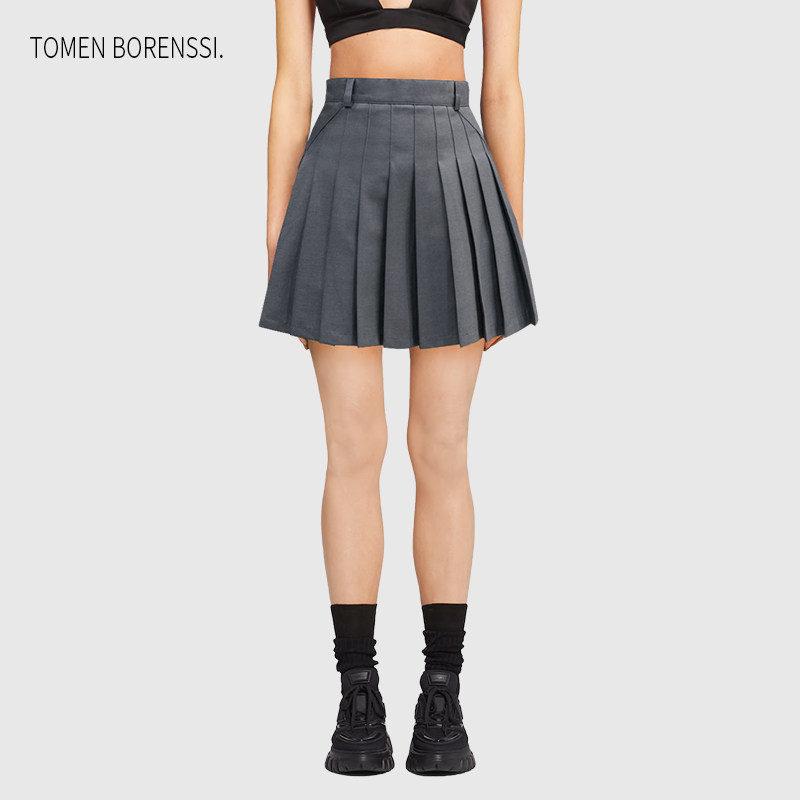 (Official) TB Pleats Skirt Lady High Waist Short Skirt Grey Four Bars Classic Half Body A Character Umbrella Dress Tb