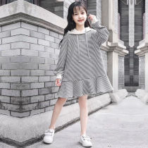 2022 new Korean version of the long section Lianhood Tong Dress Striped Dress Striped Dress Girl Thin style Spring and autumn CUHK Tong Net Red