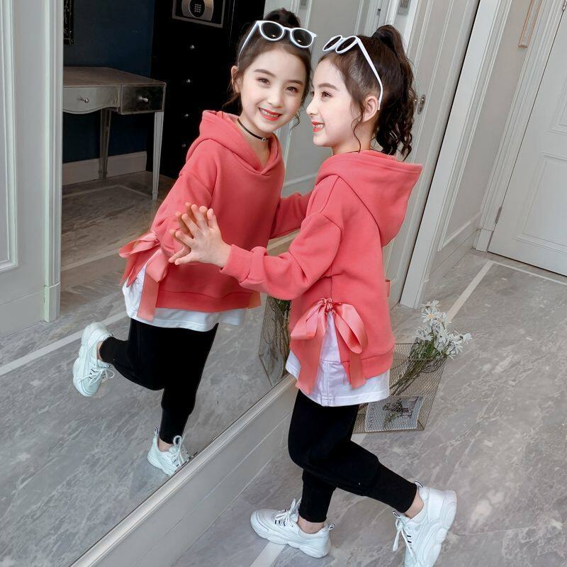 Sweater girls autumn and winter 2021 new spring and autumn hooded fake two-piece middle and big children's Korean version children's clothing ins tide suit