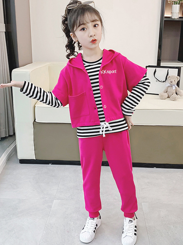 Girl's fall suit 2021 new foreign Han version Children's online red sports dress CUHK Trendy Three Sets Tide