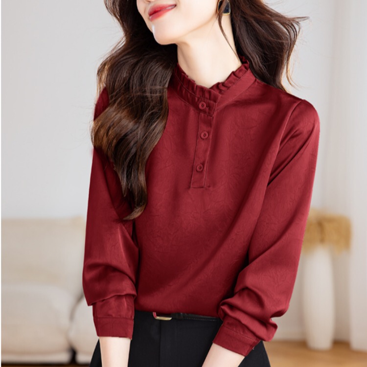 Satin Shirt, New Autumn Style, Red for the Year of Birth, Women's Fashion, French-Style Blouse, Spring and Autumn Stand-Up Collar Base Shirt Satin Shirt, New Autumn Style, Red for the Year of Birth, Women's Fashion, French-Style Blouse, Spring and Autumn Stand-Up Collar Base Shirt