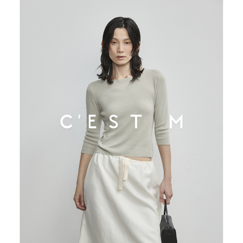 Cest M丨Luxury Brand Yb Artistic Pilling-Style Imported Silk Yarn 90S Elegant Three-Quarter Sleeve Knitted Top