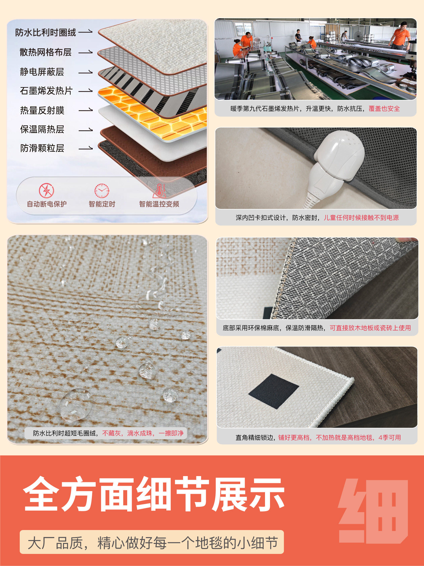 Warm Season Graphene Heating Carpet for Living Room, Home Floor Heating Pad, Waterproof Belgian Loop Pile, Removable and Washable Electric Heating Carpet