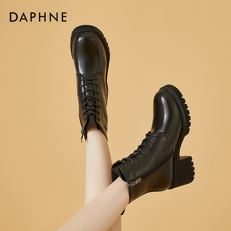 Daphne boots women's 2022 new winter leather plus velvet heightening small short boots thick heel British Martin boots - Taobao