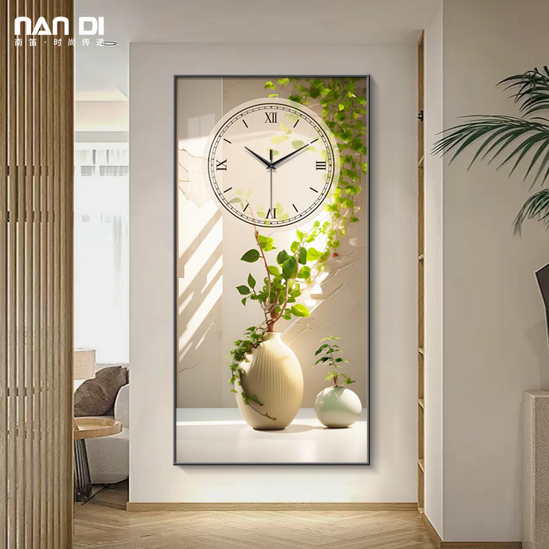 Fresh green plant Xuan guan decoration painting clock hanging bell living room 2023 new Nordic art clock hanging wall free of punch-Taobao