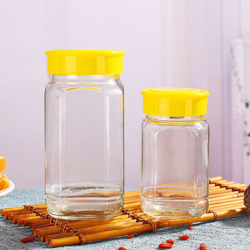 Honey bottle glass 1 catty of 2 catties Sealed Storage Jar Six Edges Aniseed Jam Bottle Honey Bottle Sauce Bottle