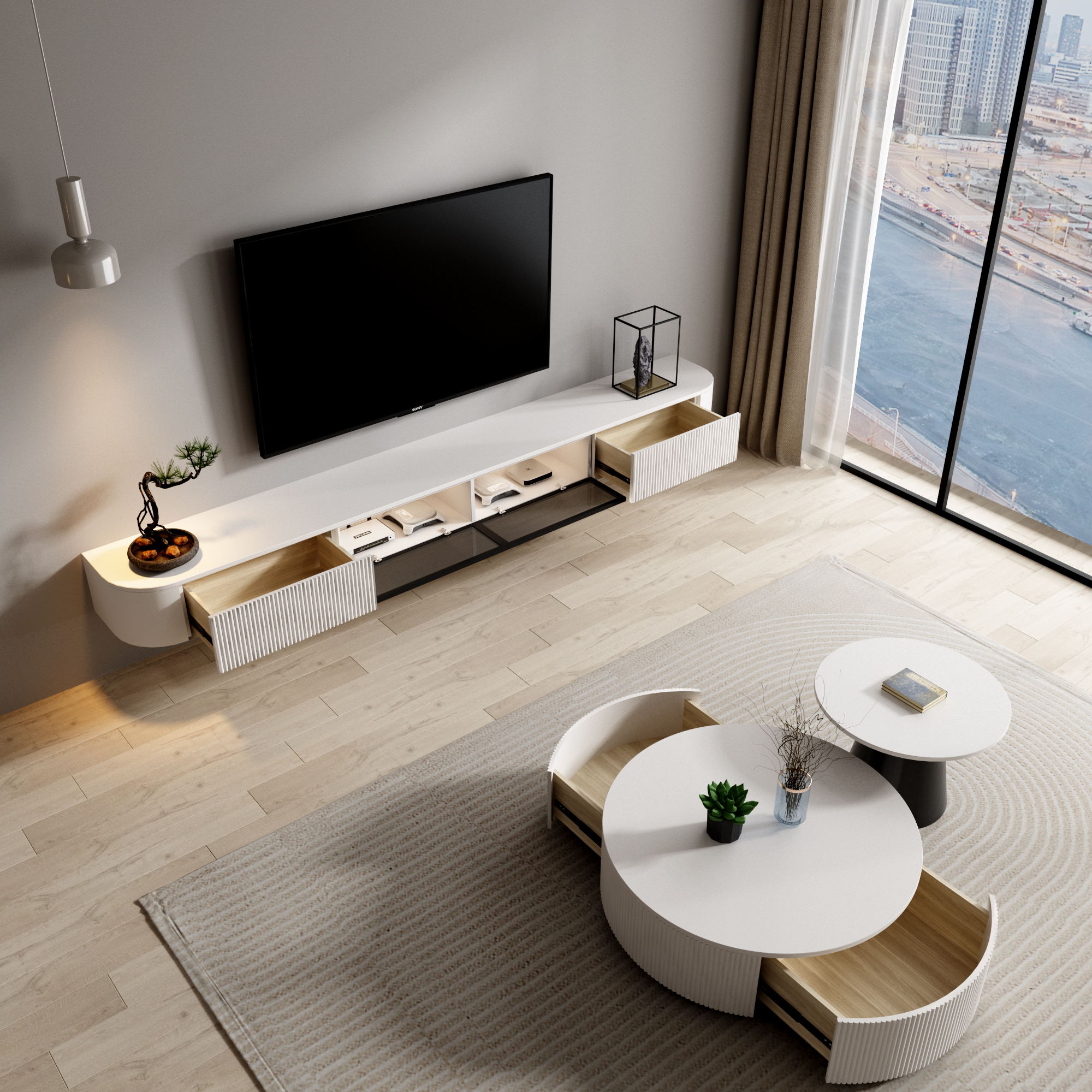 Hover multi-layer solid wood paint white TV cabinet of tea few simple wall combination modern rock plate size household type