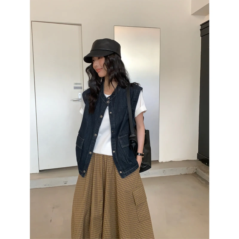 Zg High-End Korean Style Spring Dark-Colored Washed Denim Vest Jacket for Women Sleeveless Vest Jacket Za