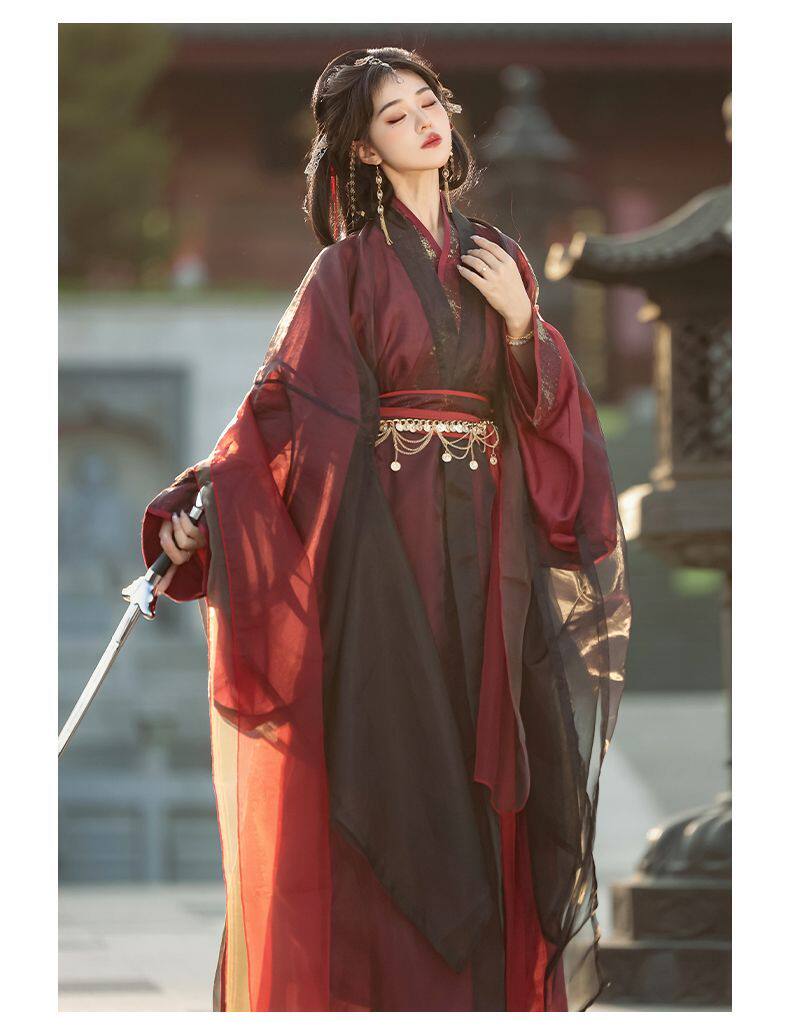 Китайцы одежда наборы 魏晋制汉服【虞姬叹】交领大袖衫直裾鎏金印花战国袍古风男女套装