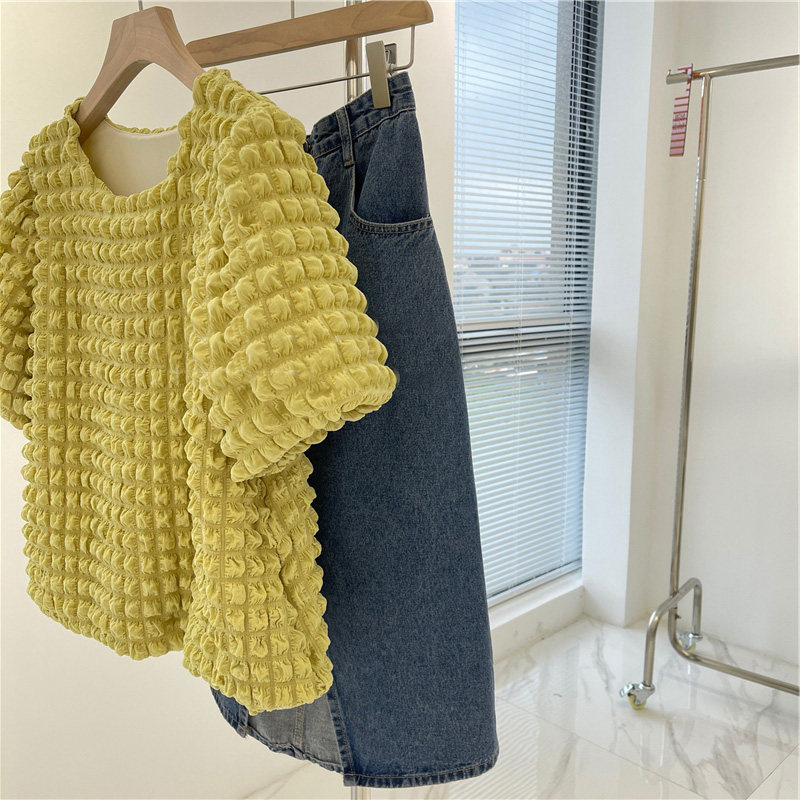 Small Crowddesign Sensation Bubble Cuff Huffag Positive Shoulder T-shirt Woman 2022 Early spring new Don't make Han Wind chic blouse