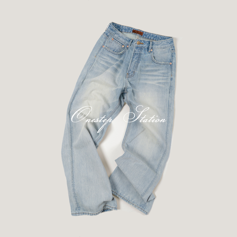 Onestep's High-End Series American Cone Kanglong Cream Lake Blue Washed Whiskered Jeans Blue Denim