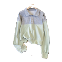 polo collar sweatshirt female autumn loose with lazy wind oversize bump color splicing day department sweet and cute green blouses