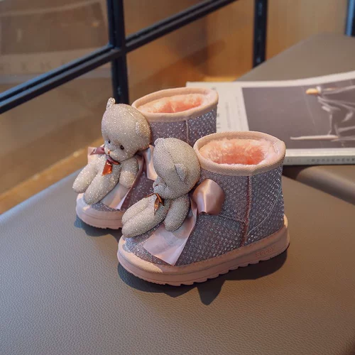 Детские милые мультяшные сапоги, утепленная модная обувь для мальчиков, блестки для ногтей, ботинки, с медвежатами, 2022