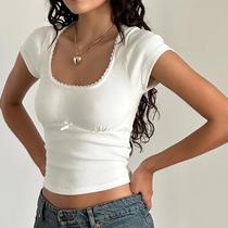 ZX24046 Street style sexy U-neck bow lace short-sleeved top 2024 summer new slim T-shirt for women