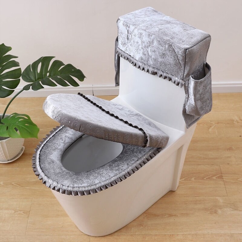 Toilet seat cushion winter three-piece set large increase four seasons universal toilet cover water tank cover toilet cover thickening zipper