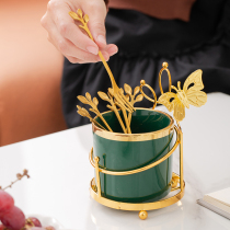 Light Extravagant Stainless Steel Fruit Fork Spoon Suit Home Cake Fork Creative Ins Wind High-end Ceramic Containing Jar