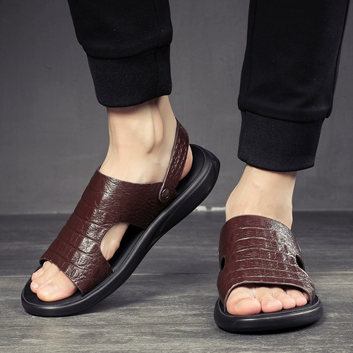 Летние сандалии, кожаные пляжные нескользящие износостойкие слайдеры, тапочки, из натуральной кожи, большой размер, мягкая подошва