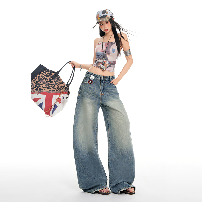 Eight12 American Retro Style Washed Wide-Leg Super Long Jeans for Tall Women, Loose and Slimming Long Pants