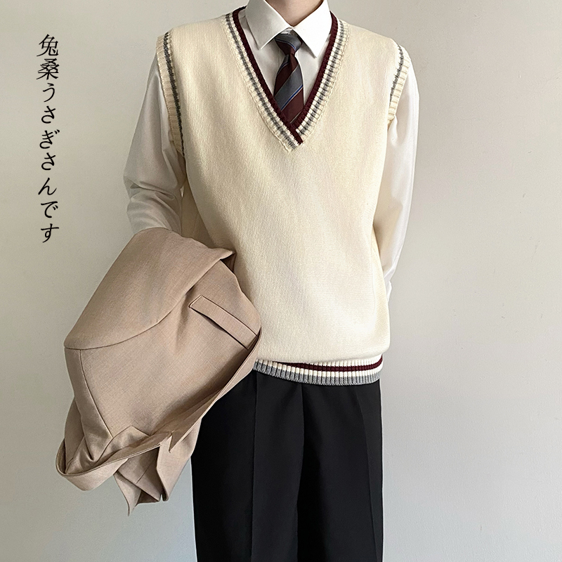 Knitted Vest Dk Boys' Uniform Japanese Style Versatile Sleeveless Striped Color-Blocking Student Sweater Vest High School Uniform