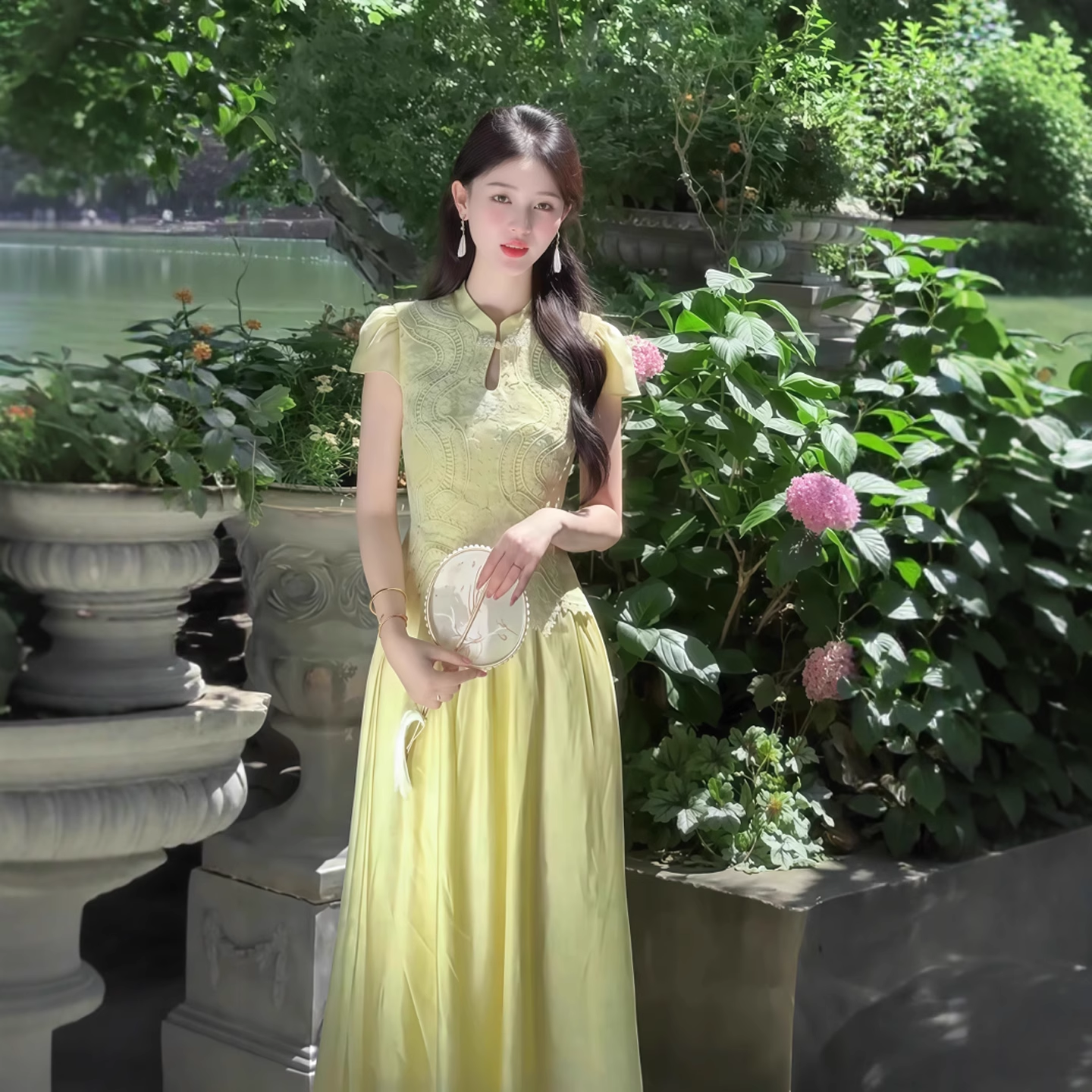 New chinese style elegant dress - 2025 summer collection  Fitted waist,  faux two-piece cheongsam maxi