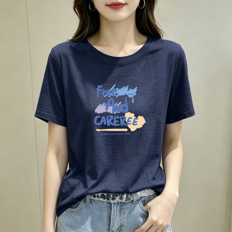 Fashionable Age-Reducing Mom-Style Round-Neck Short-Sleeve T-Shirt 2026 Summer New Loose-Fit Tummy-Covering Printed Bamboo Cotton Top