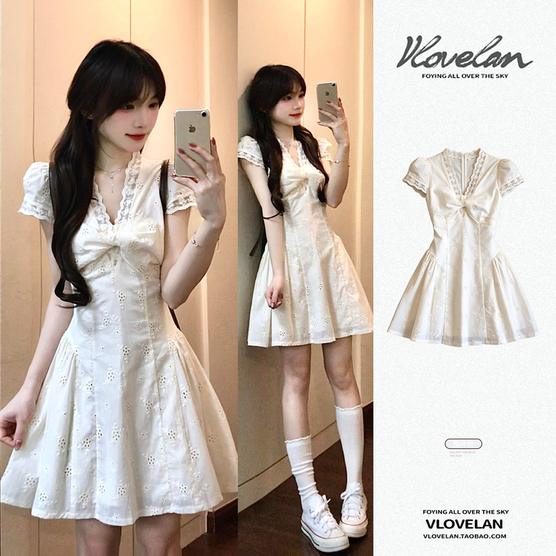 French-Style Girly White V-Neck Lace Embroidered Dress for Women, Summer Petite Outfit, Waist-Cinching Slimming Short Skirt French-Style Girly White V-Neck Lace Embroidered Dress for Women, Summer Petite Outfit, Waist-Cinching Slimming Short Skirt
