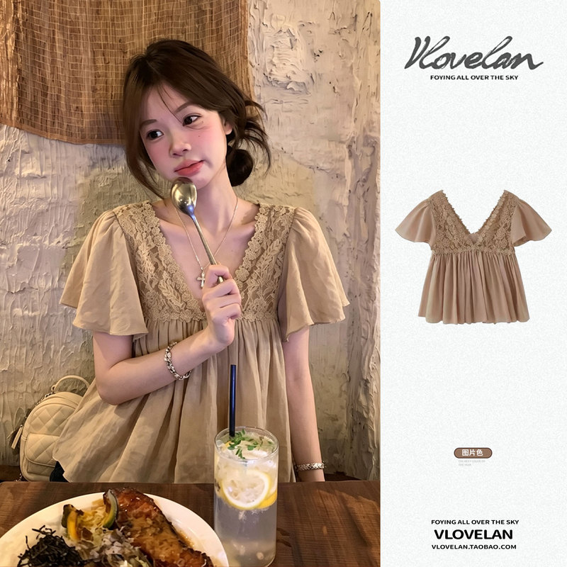 Korean-Style Girly V-Neck Lace-Trimmed Short-Sleeve Shirt for Women, Summer 2026 New Loose-Fitting Slimming and Age-Reducing Top