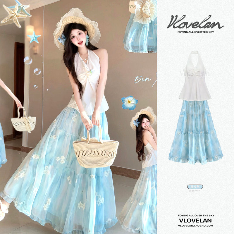 Beach Vacation Style Floral Long Dress for Women, 2026 Summer Design, Niche Halter Neck Sleeveless Tank Top Two-Piece Set