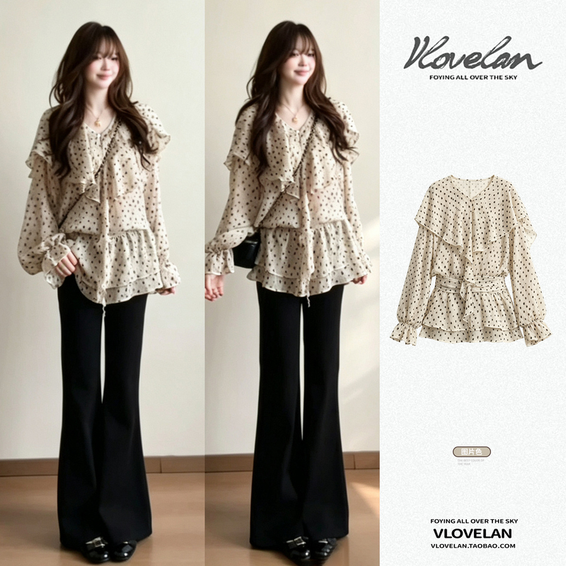 French-Style Gentle Wave-Pattern V-Neck Ruffled Chiffon Blouse for Women, New Autumn Waist-Cinching Slimming Long-Sleeve Shirt Top