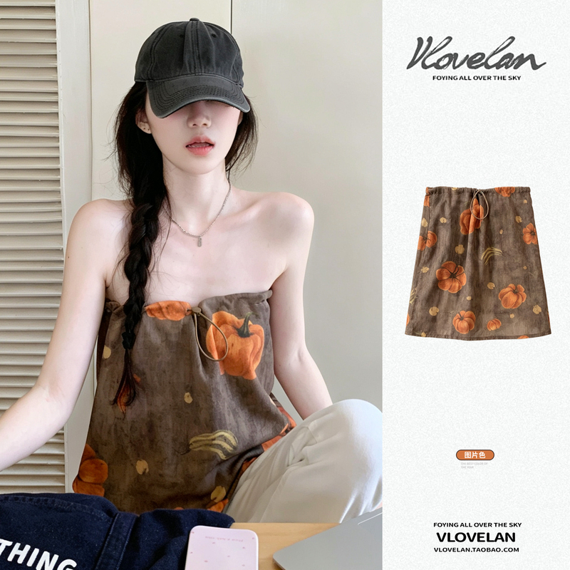 Korean-Style Retro Pumpkin Print Tube Top for Women, Unique and Beautiful Drawstring Design, Two-Way Wear, Stunning Summer Top