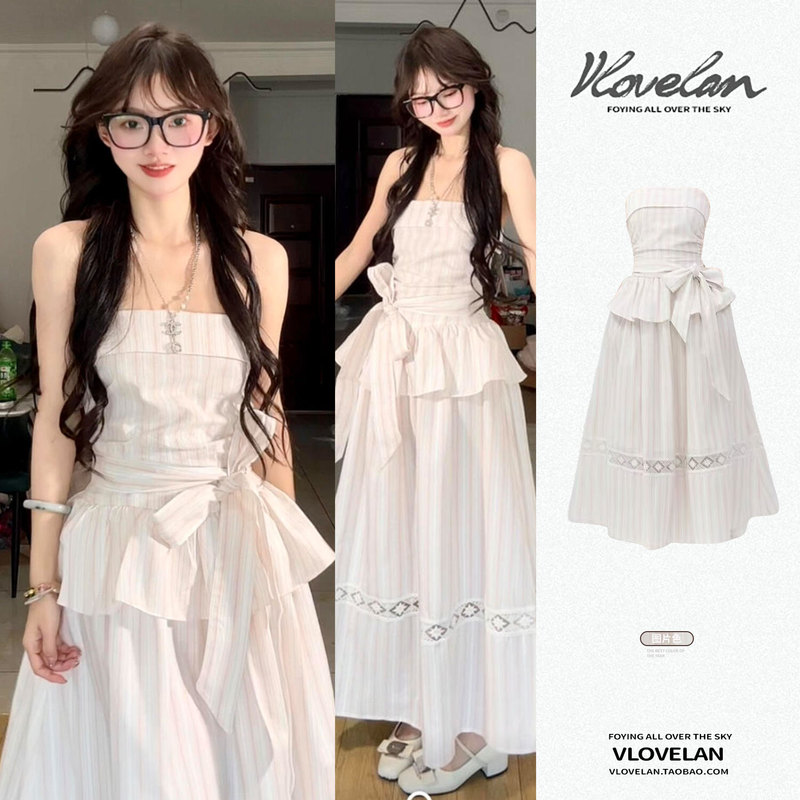 Tube Top Striped Dress for Women, Summer French Style, New Design, Niche Bow Tie, Waist-Cinching, Sleeveless Long Dress