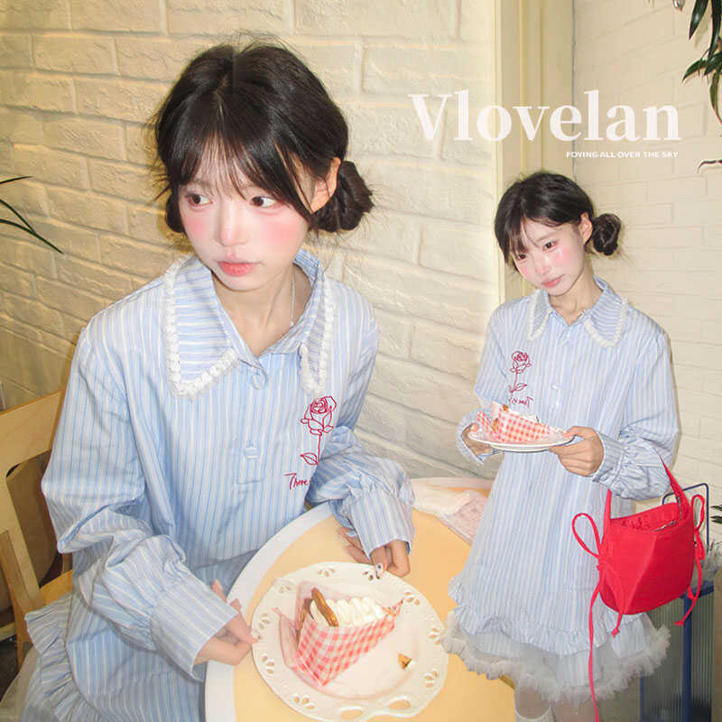 Blue Striped Shirt Dress 2026 Early Autumn New Style Preppy Style Petite Lace Splicing Lapel Long-Sleeved Dress
